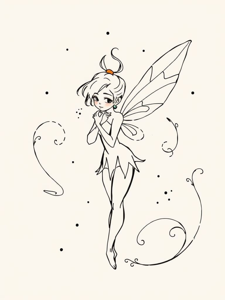 Ethereal Tinkerbell in Japanese Line Art Style