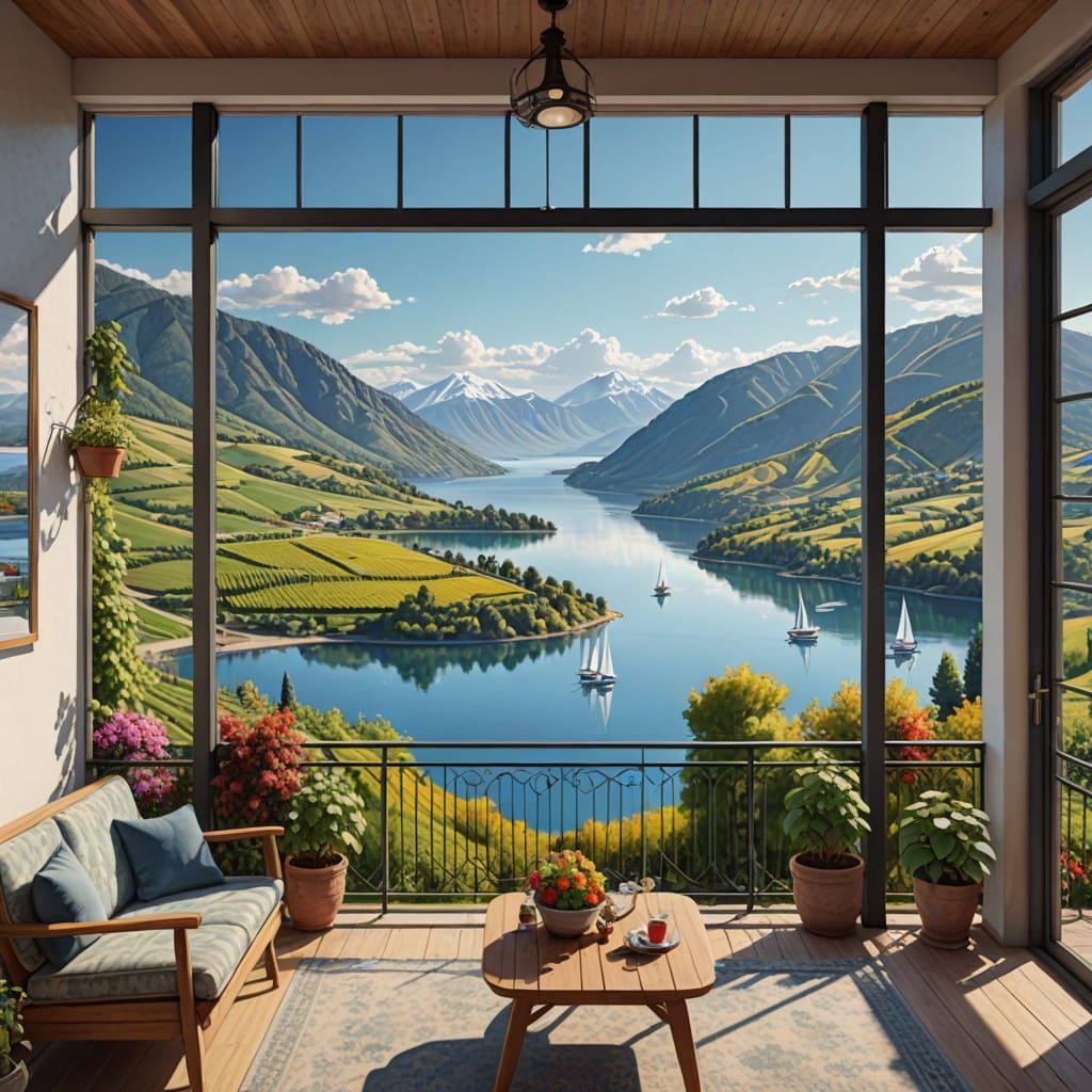 Vibrant Lake Scene with Vineyards and Water Sports