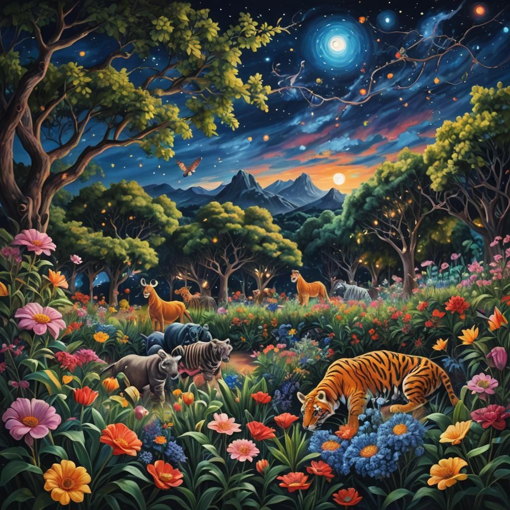 Vibrant Night Zoo in Hyperrealistic Oil Painting Style