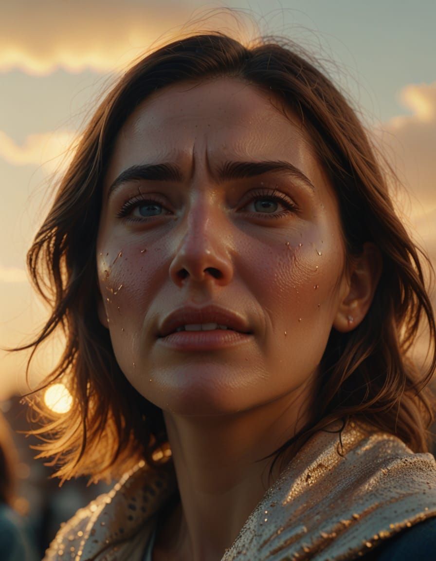 Crying Woman Watches Sky: Hyper-Realistic Digital Art