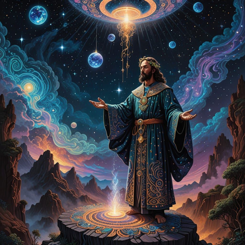 Mystical Magician Performs Middle Pillar Ritual in a Celesti...