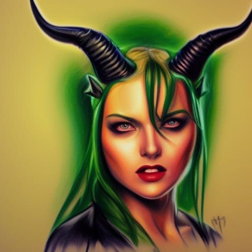 Demon Woman with Twisted Horns, Oil Painting