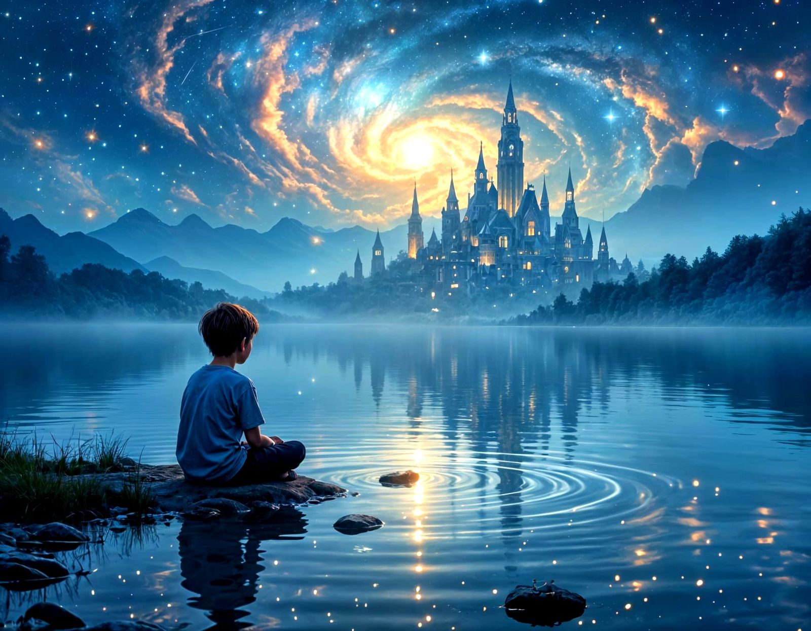 Boy Skipping Stardust Stones by Galactic Lake