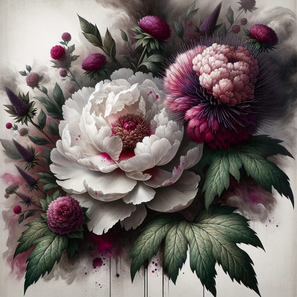 Exaggerated Peony and Thistle in Realistic Painting