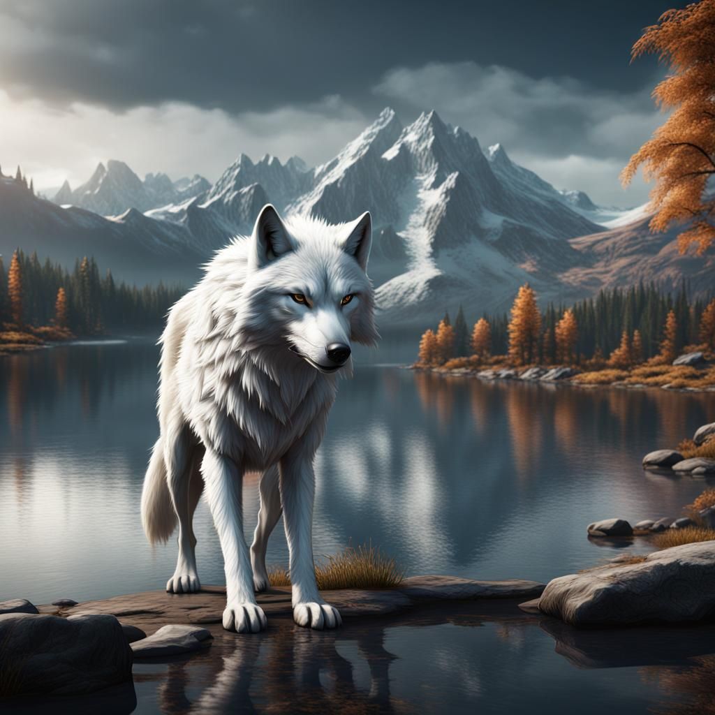 White Wolf by Lake: Detailed Matte Painting