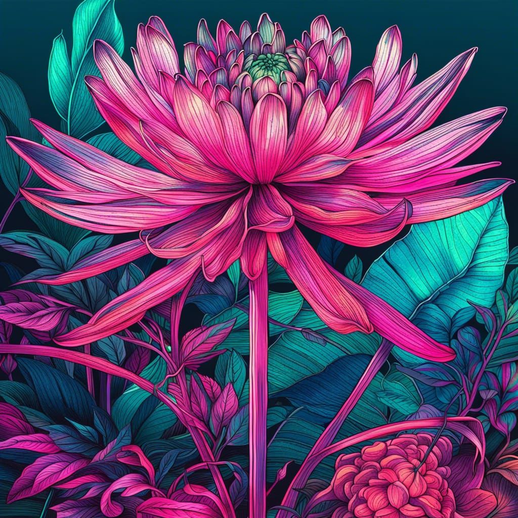 Botanical Ink Drawings in Synthwave Neon Style
