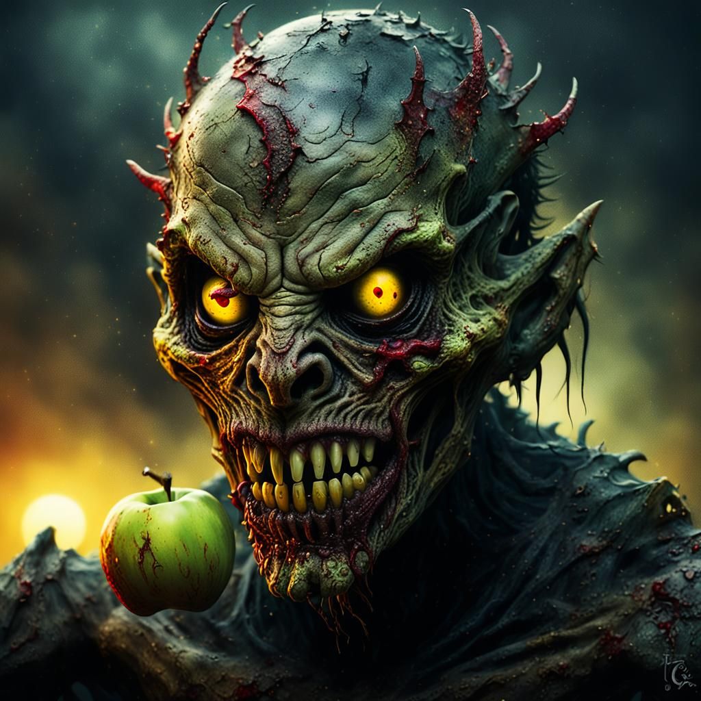 Eerie Apple Creature Portrait in Dark Fantasy Style