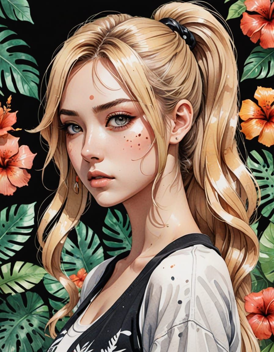 Blonde Woman with Jigsaw Tattoo in 3D Manga Anime Style