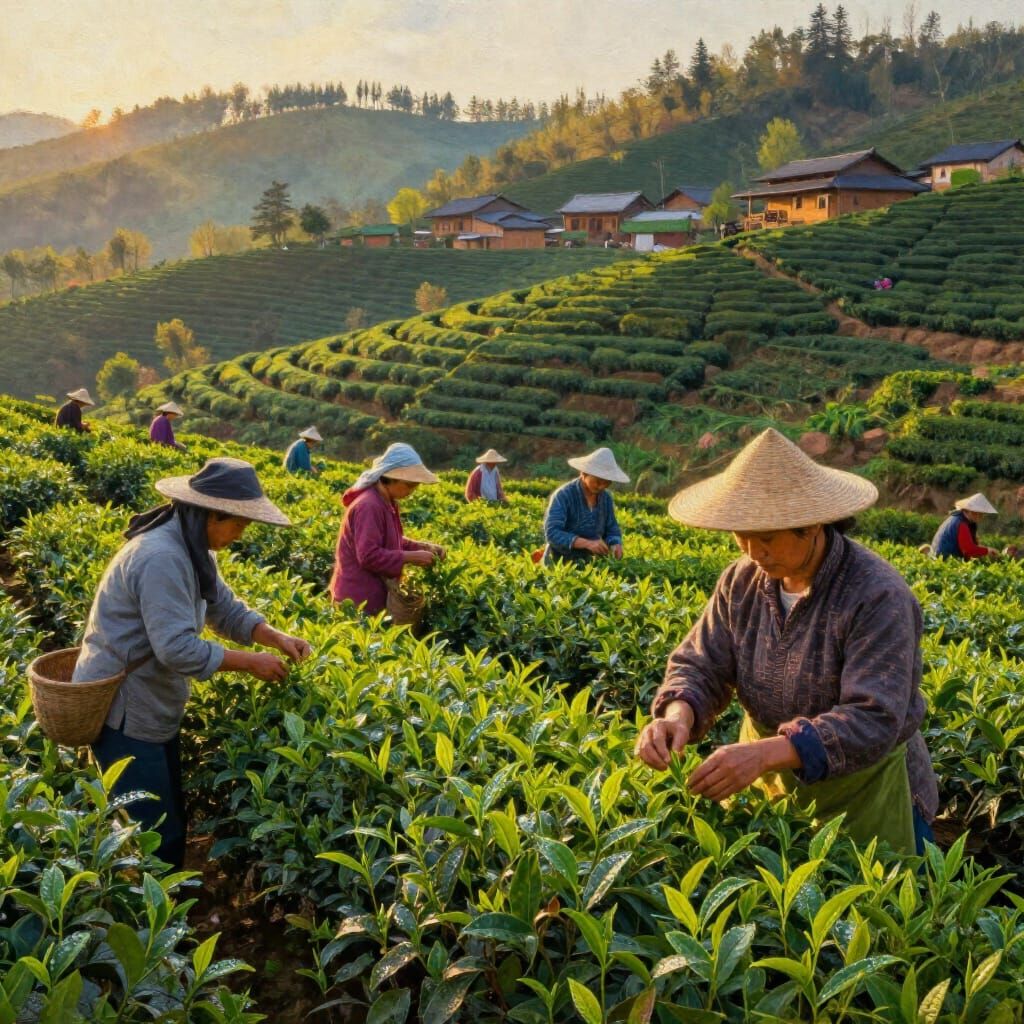 Impressionistic Tea Plantation Scene at Golden Hour