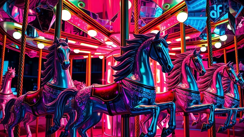 Surreal Carousel Inner Workings with Bioluminescent Horses