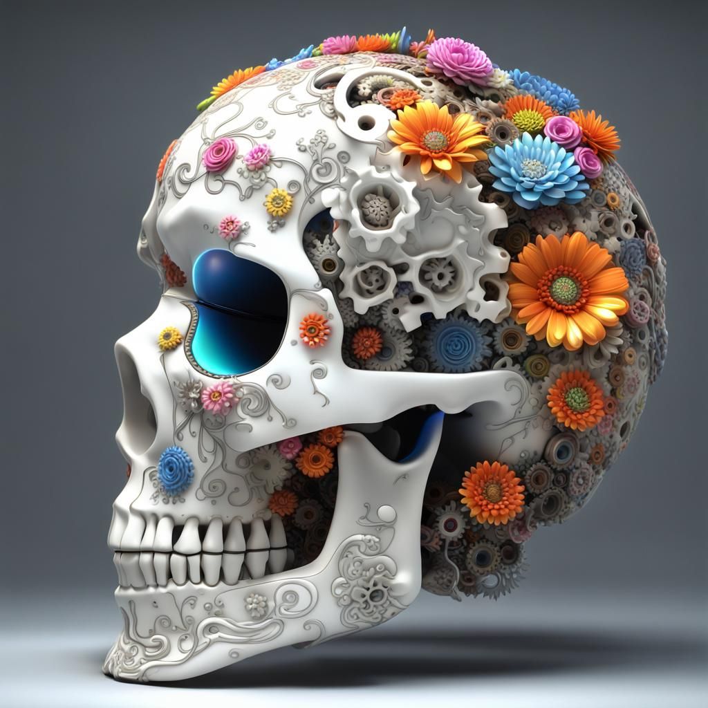 Android Skull with Flowers and Neon Lighting