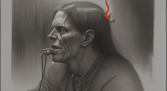 The devil chain smoking souls. 
Dan Witz/ James Gurney ; romanticism pencil sketch digital illustration,1900s photograph...