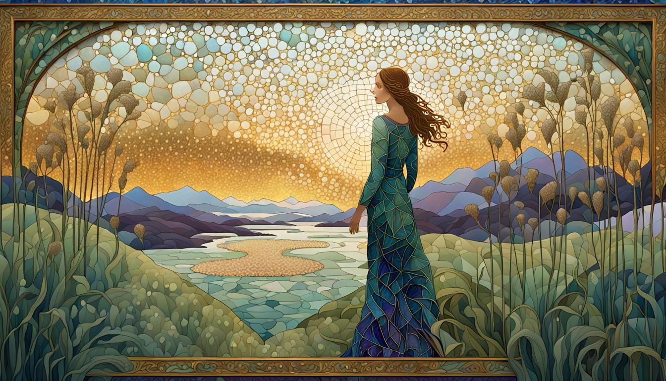 Mosaic Woman in Dreamlike Art Nouveau Landscape