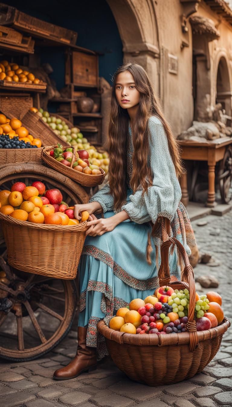 Bohemian Girl with Fruit Basket in Ancient City