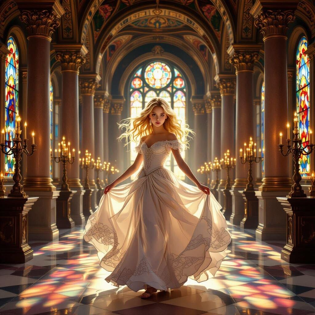 Girl Dances in Candlelit Castle Hall