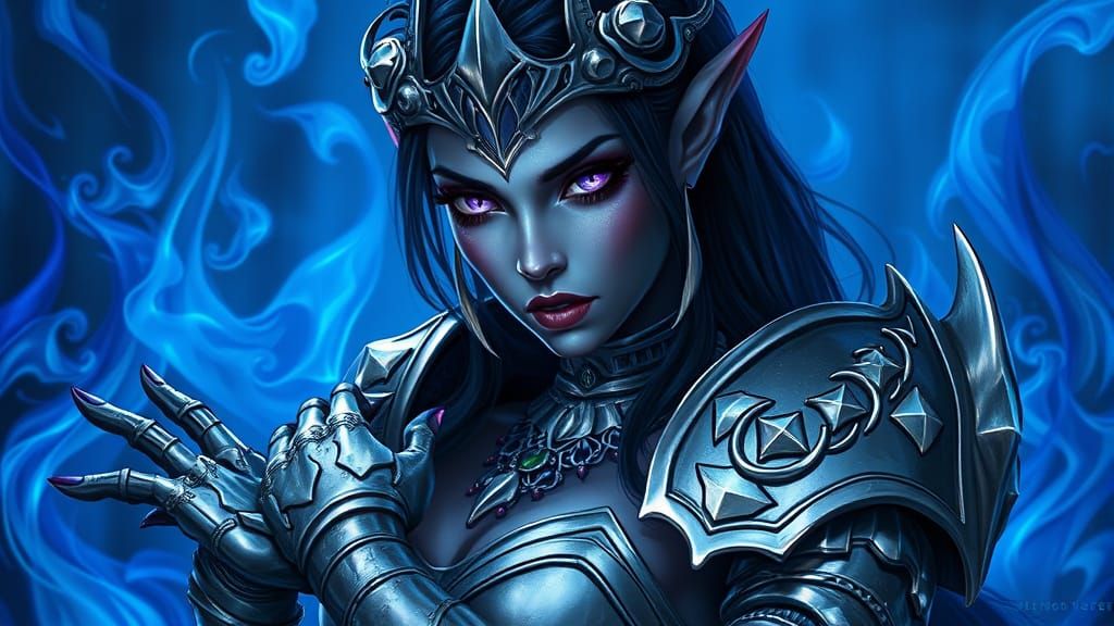 Seductive Dark Elf in Silver Armor, Fantasy Art