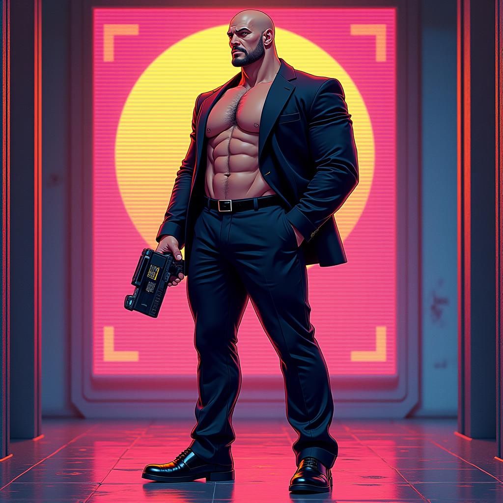 Retro Bodybuilder in 80s Synthwave Style