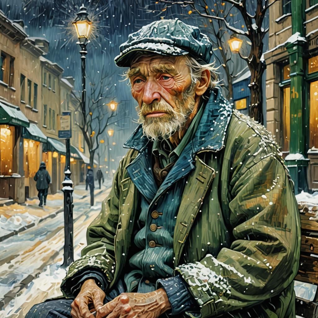 Homeless Man in Snow, Van Gogh Impressionism