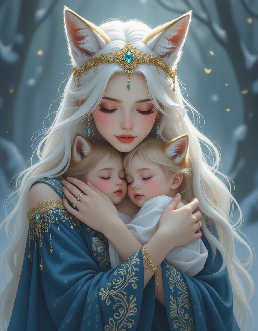Ethereal Fox-Woman Portrait with Sleeping Child