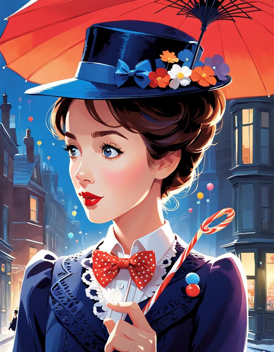 Mary Poppins Mugshot with Lollipop in Anime Style