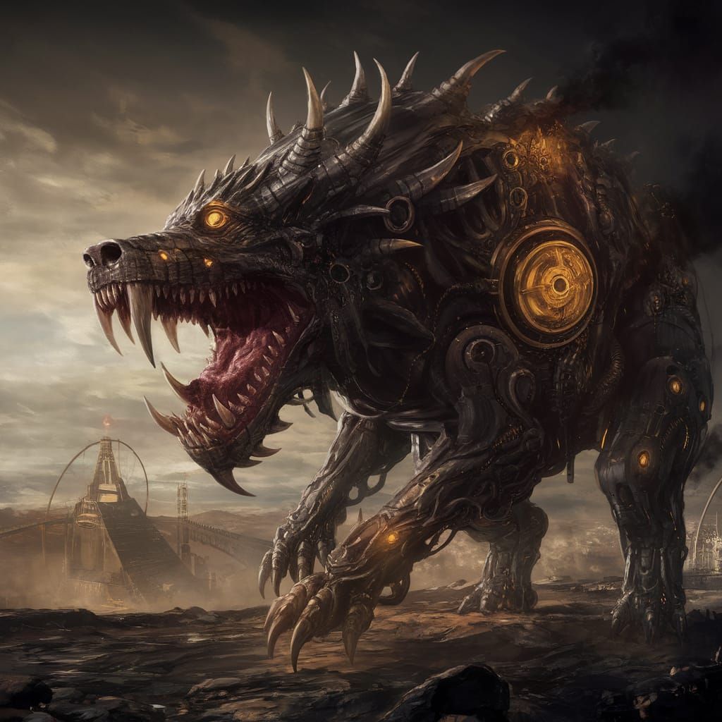 Epic Steampunk Cerberus in a Dramatic Digital Painting