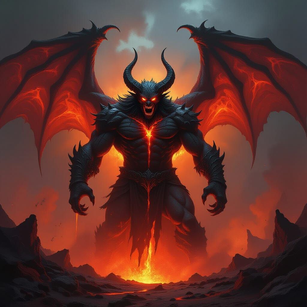 Colossal Lava Demon Rising from Fiery Abyss in Fantasy Art