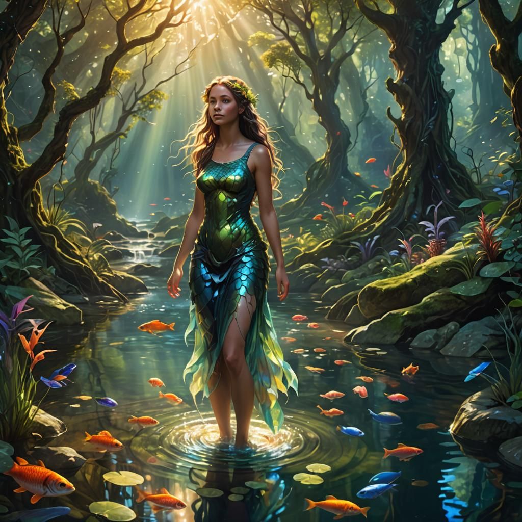 Underwater Nymph in Ancient Forest, Oil Painting