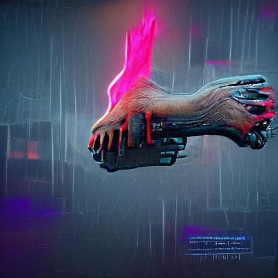 Cyberpunk Severed Hand in Neon Cityscape