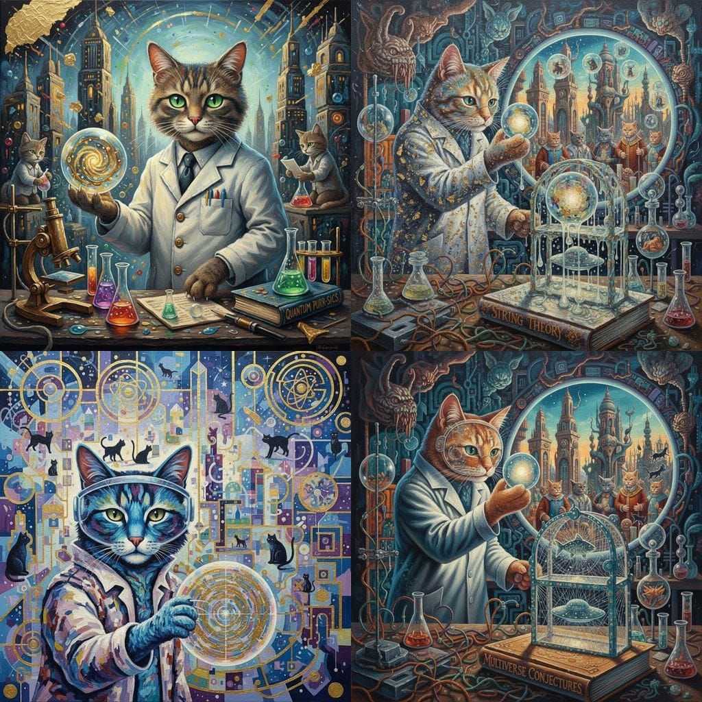 Intelligent Science Cats in Mixed Media Art