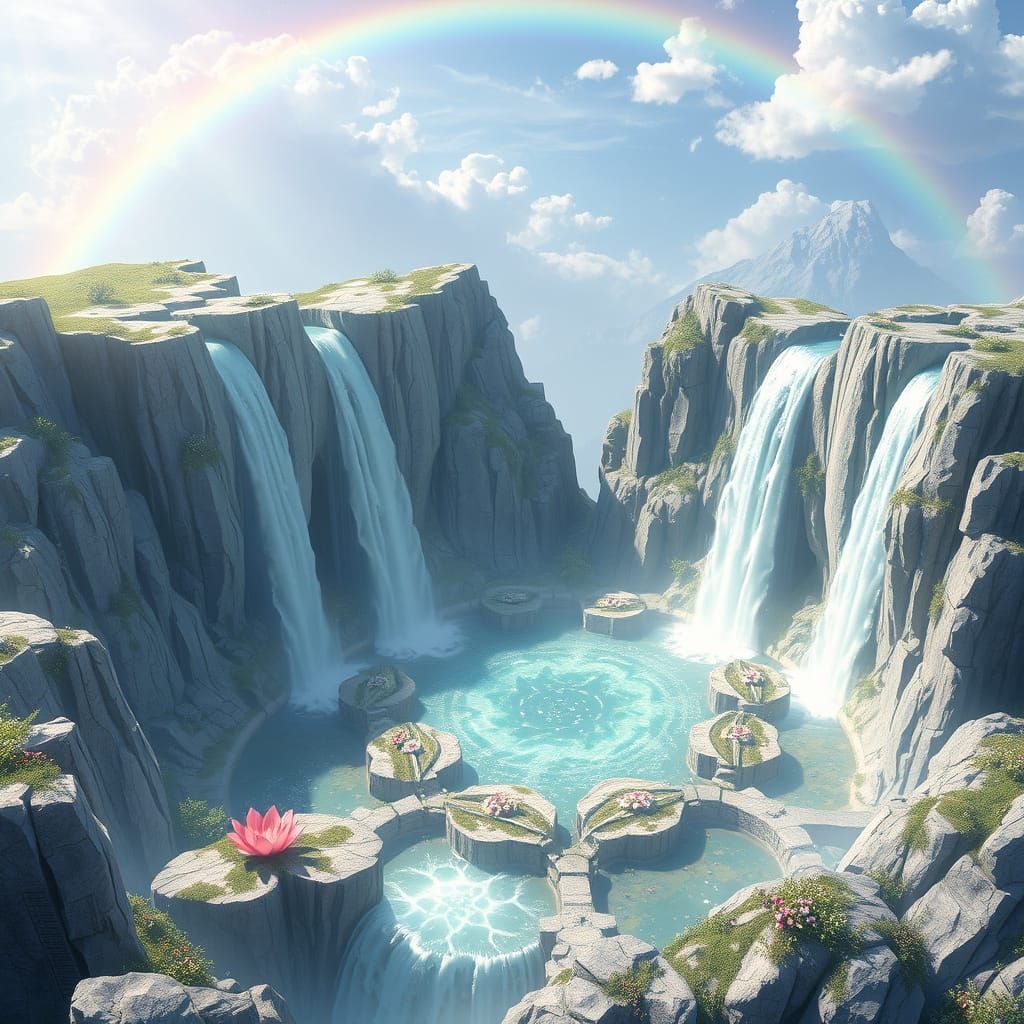 Mountaintop Sanctuary with Waterfalls: 3D Anime Art