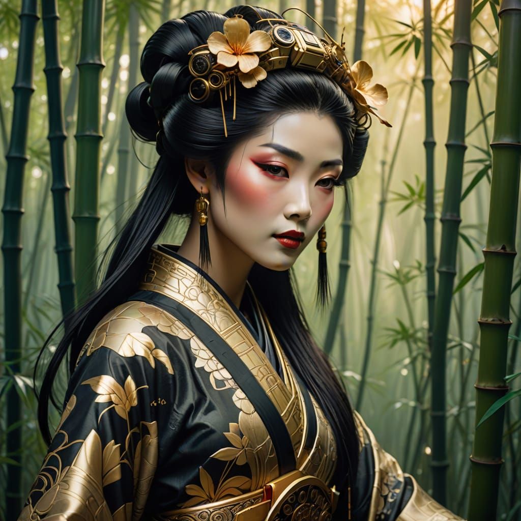 Elegant Robot Geisha in Art Nouveau Style
