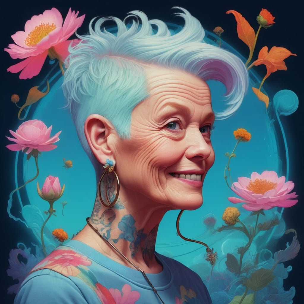 Surreal Tattooed Granny in Splashy Fantasy Landscape with Re...