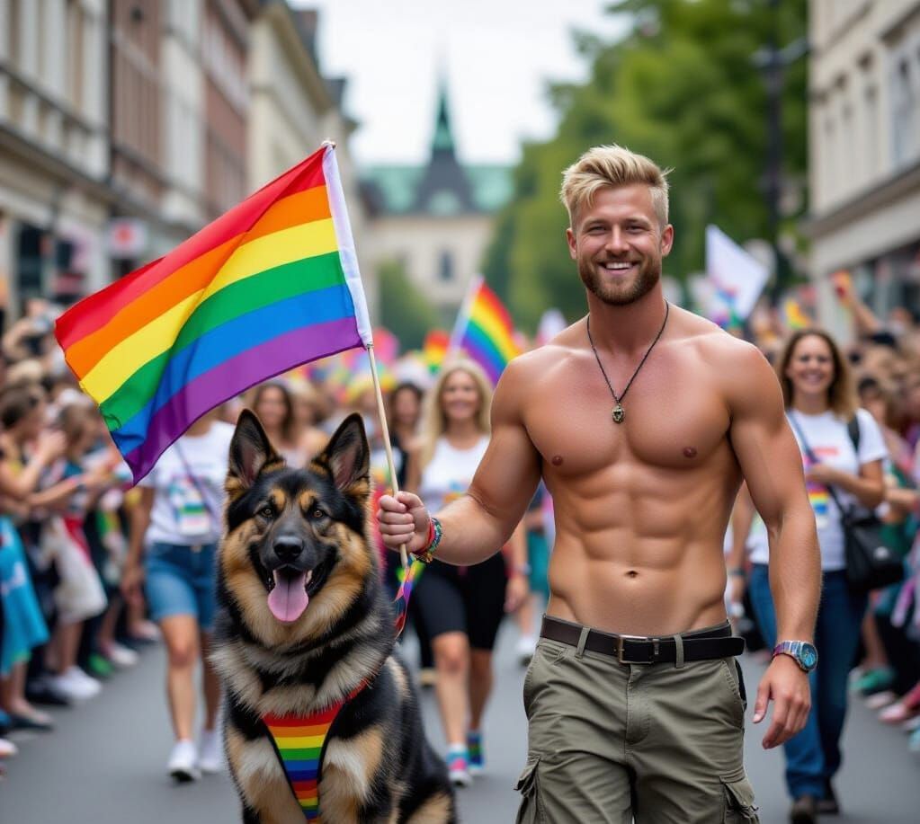 Gay Man and Dog at Pride Parade in 8k