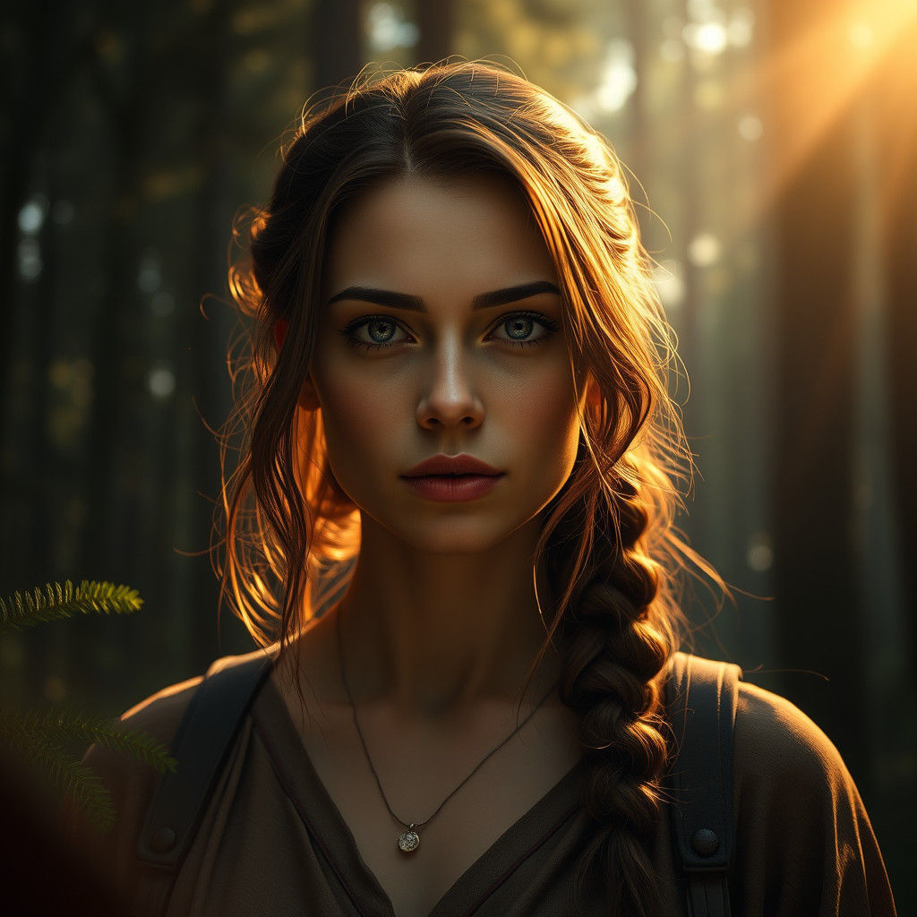 Warm Portrait of Woman in Forest, Hyperdetailed Art
