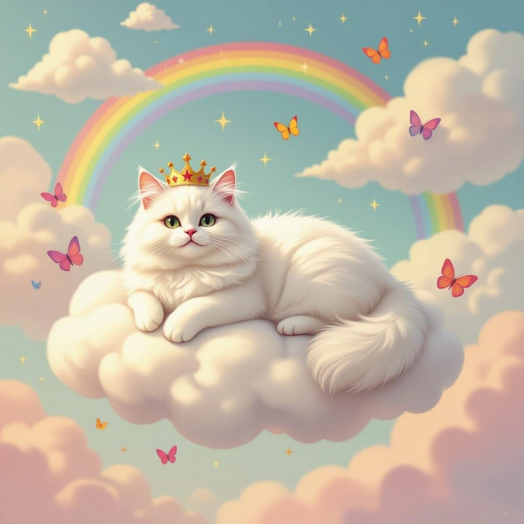 Giant Cat on Cloud in Dreamy Children's Illustration