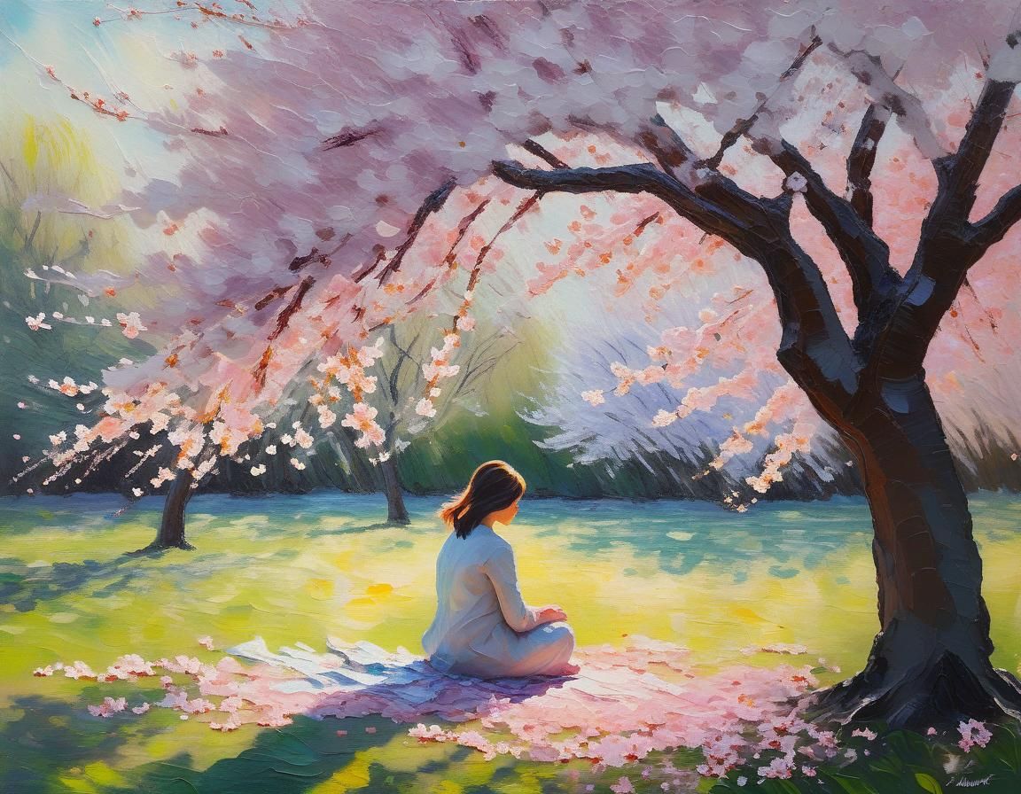Impressionist acrylic painting. A woman sitting alone in a peaceful park surrounded by cherry blossoms scattering across...