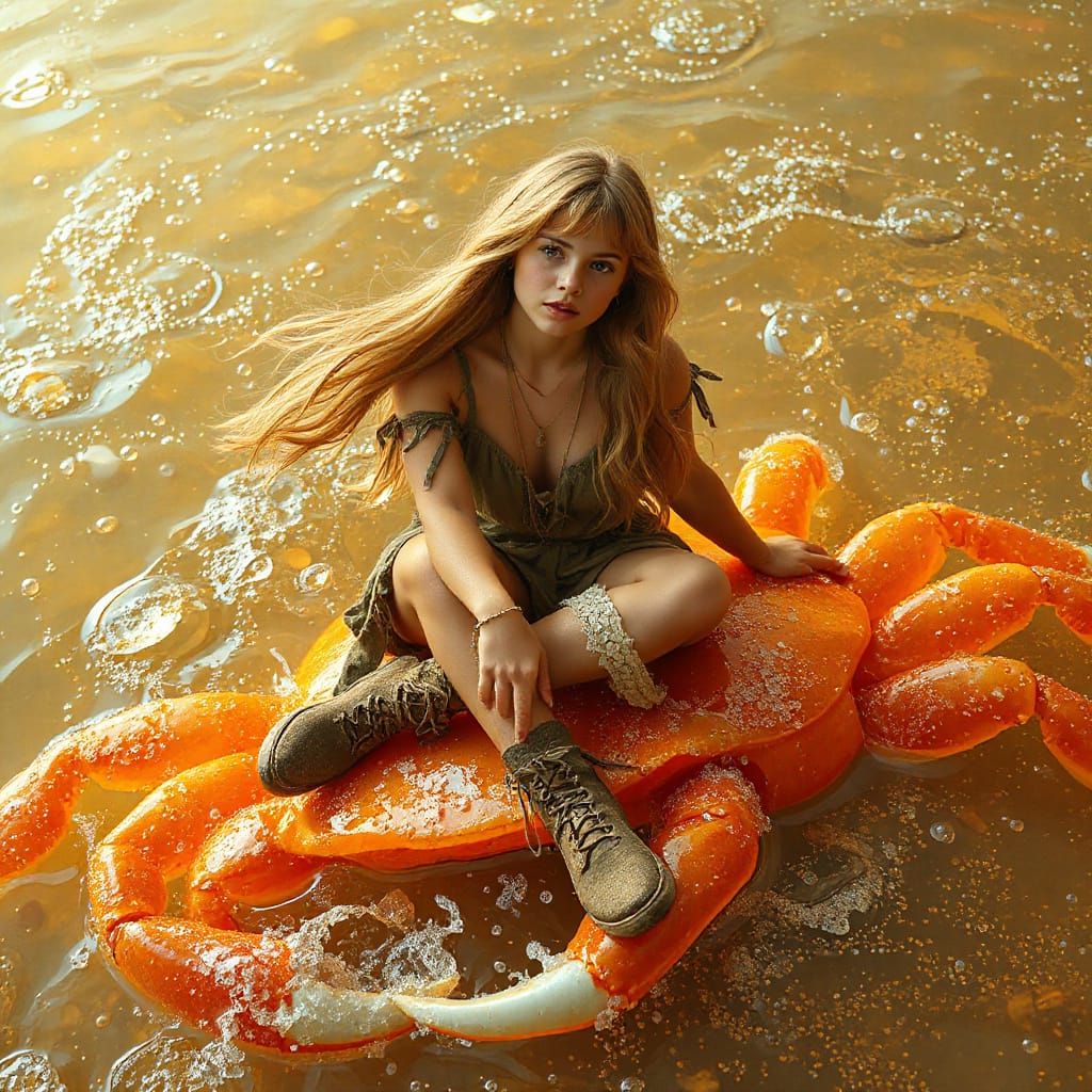 Woman on Gummy Crab in Dreamlike Soda Sea