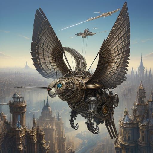 Steampunk Snow Leopard Ornithopter Soars Over Victorian City...