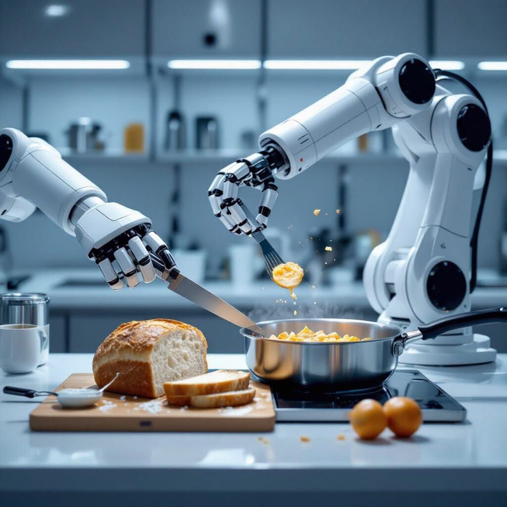 Robotic Arm Cuts Bread and Cooks Food in Digital Art Style