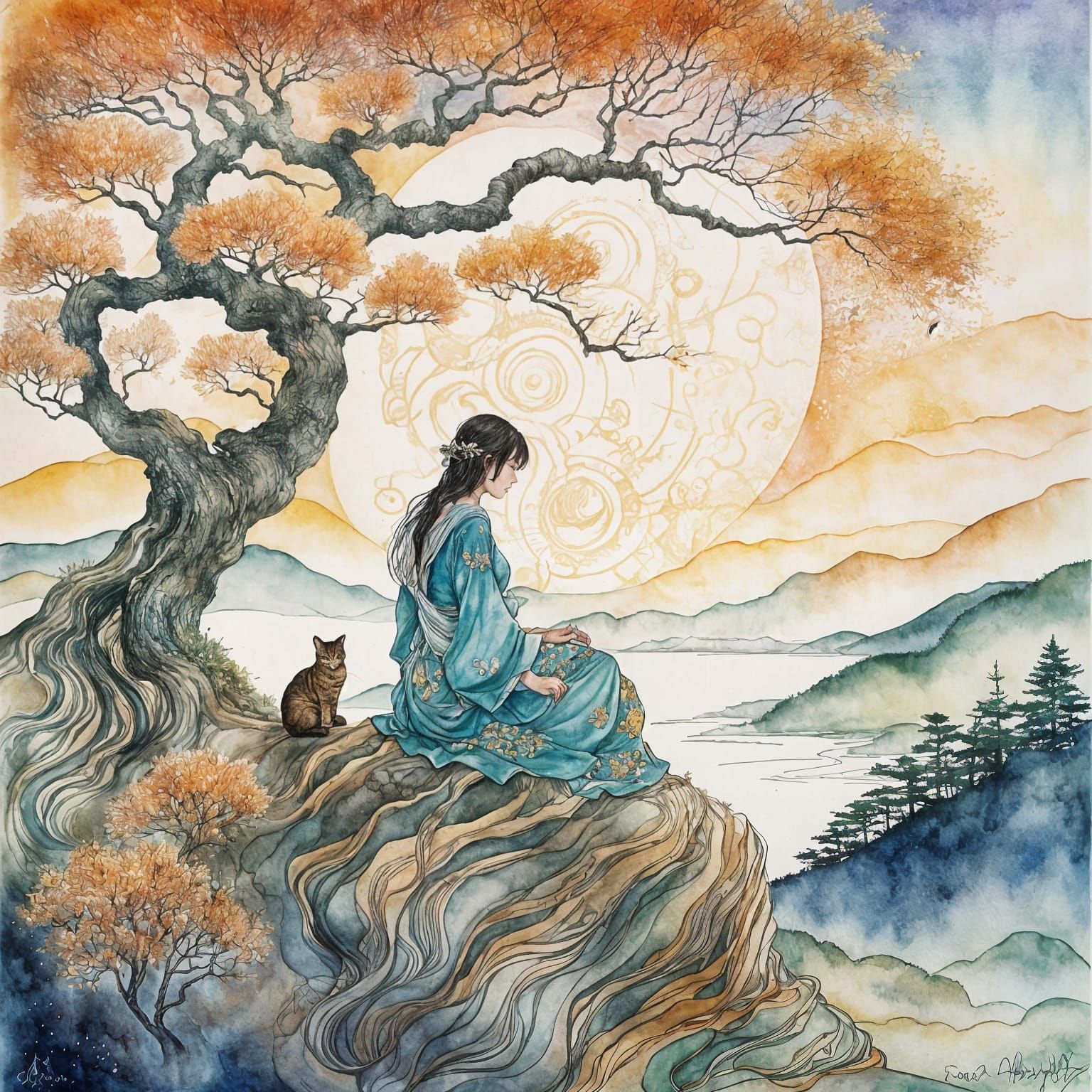Japanese Lady with Cat in Yoshitaka Amano Style