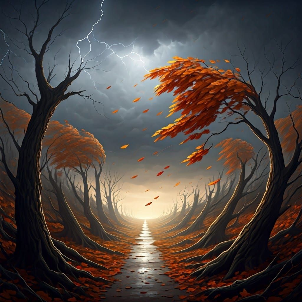 stormy scene with trees bending in the wind and leaves swirling through the air.