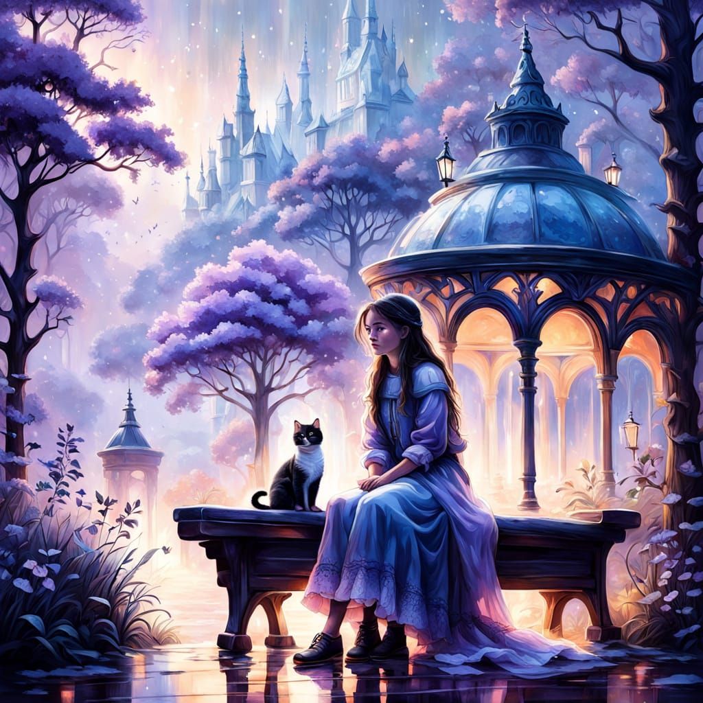 Ethereal Fantasy Digital Painting of Girl and Cat in Mist