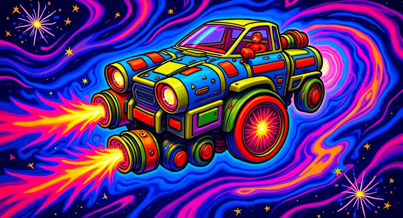 Whimsical Toy Spaceship Drifting Through Psychedelic Nebula