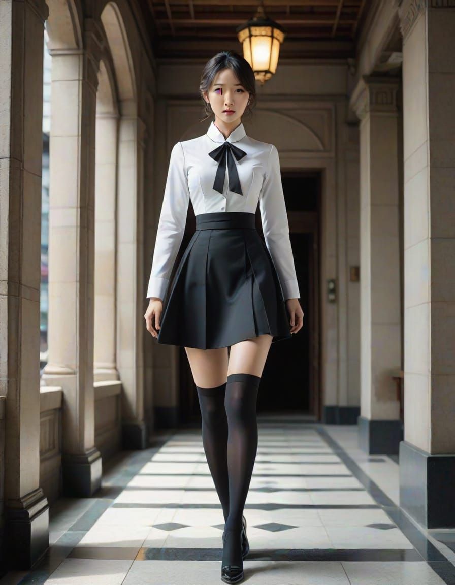Young Japanese Woman in Elegant Uniform Dress