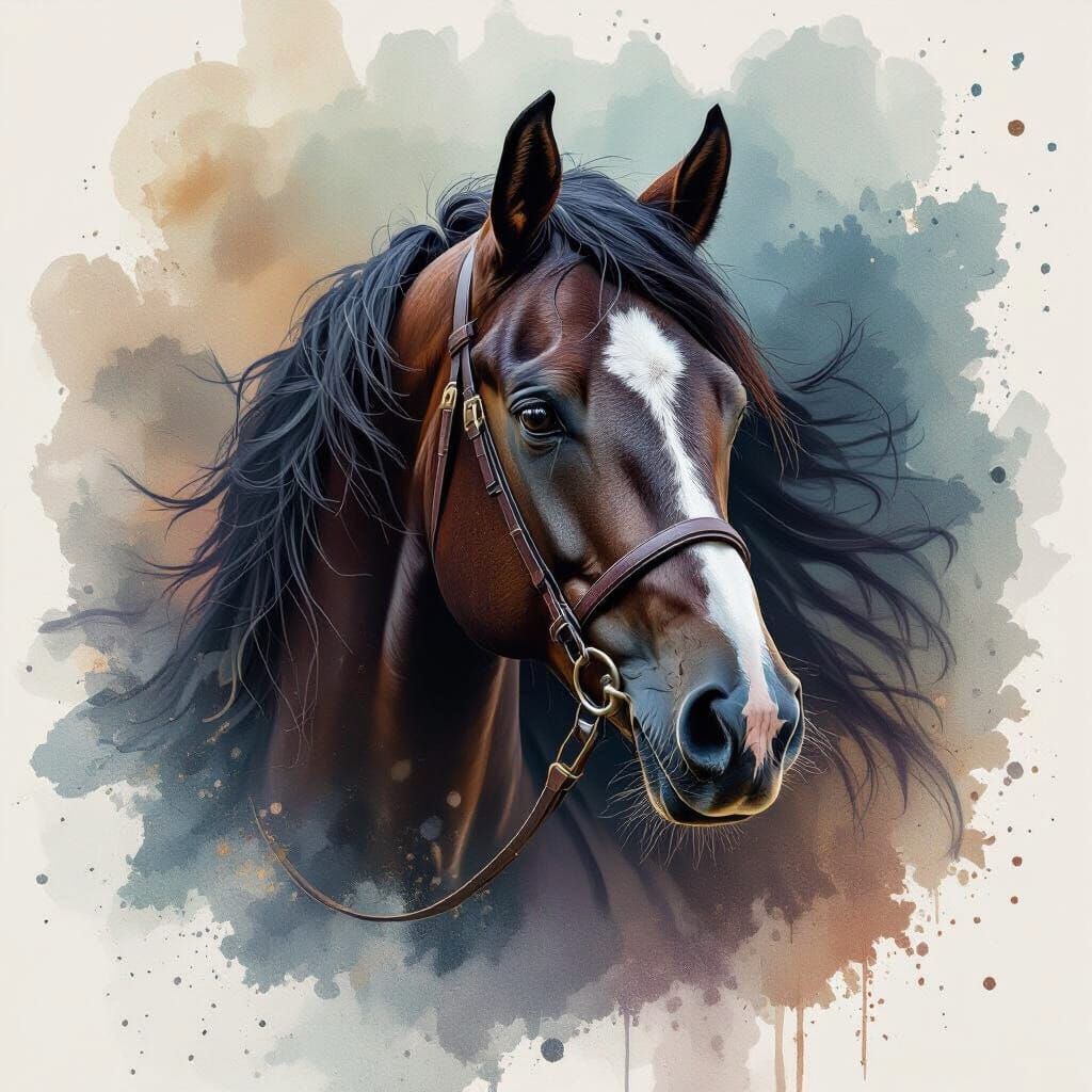Majestic Bay Arabian Horse Portrait in Dynamic Splash Art St...