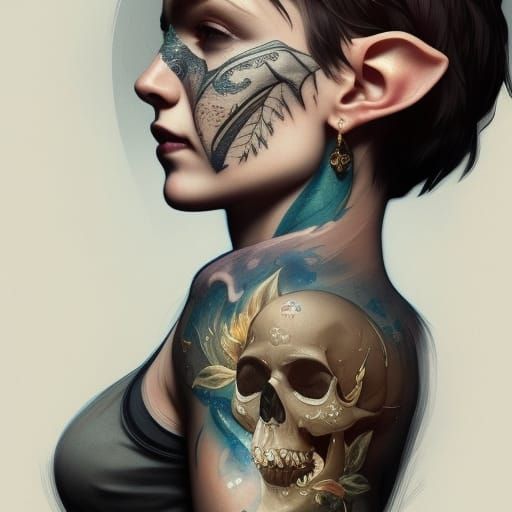 Elf Portrait with Skull Tattoo in Detailed Splash Art