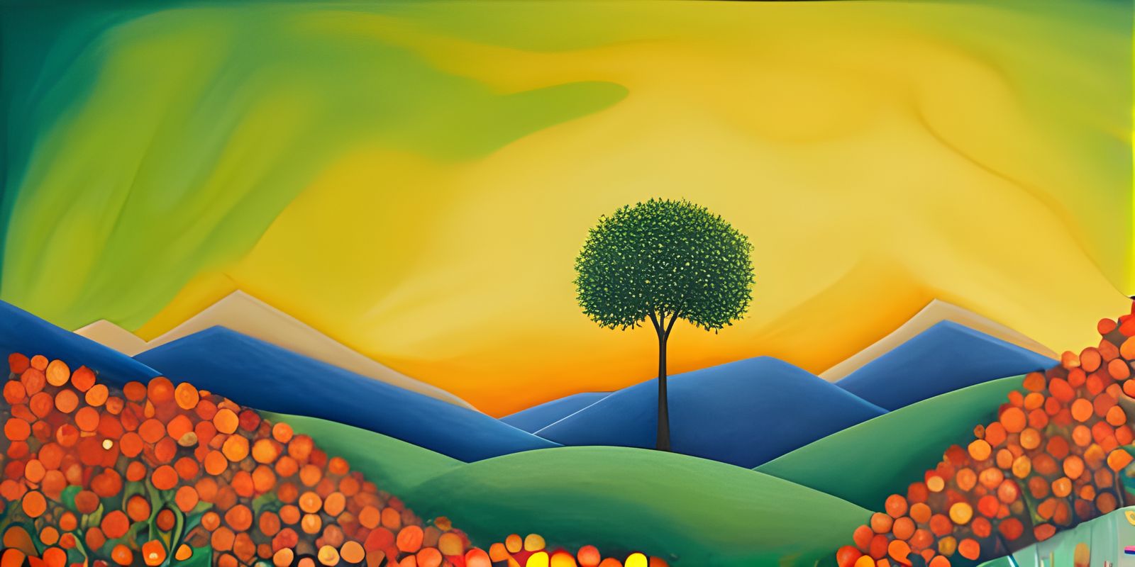 A bright orange tree on a lush green hillside with a blue sky, geometric abstract art, mid century modern, modern art, a...