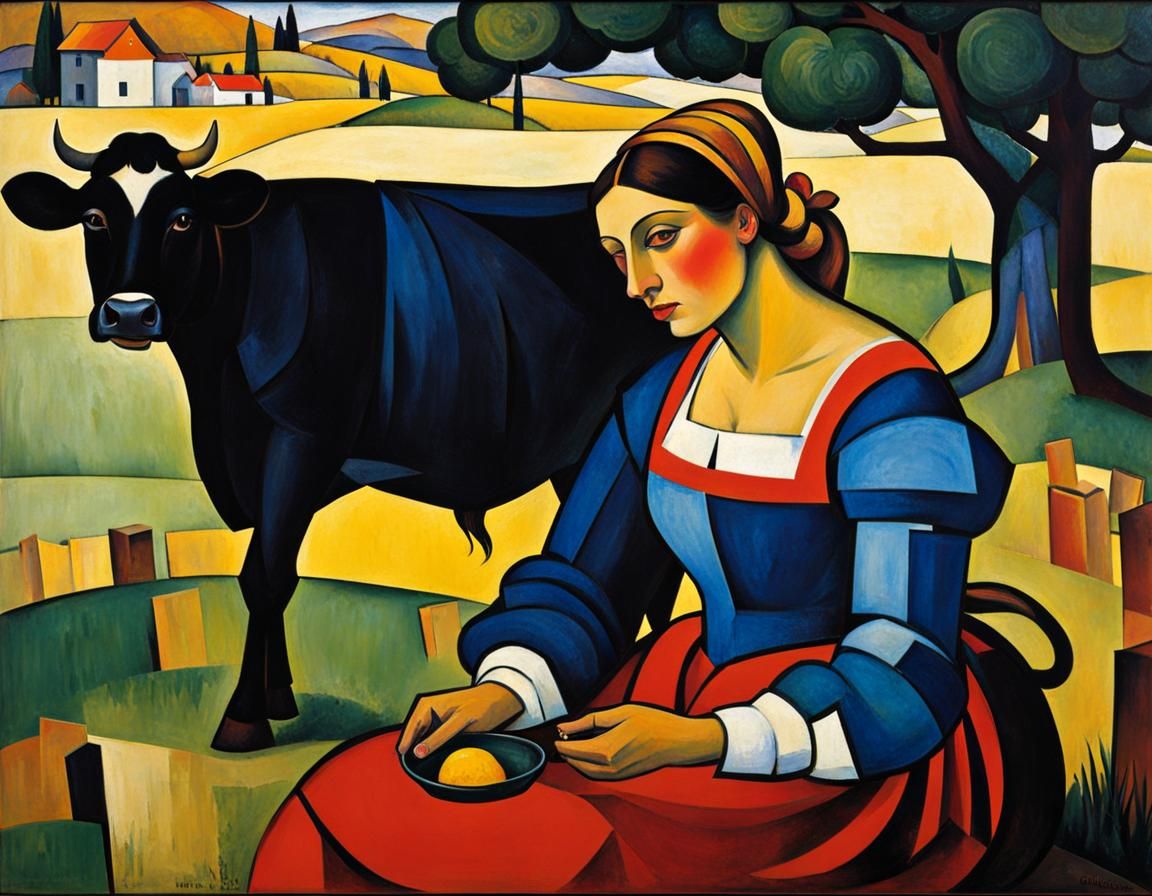 Milkmaid and Cow in Expressionist Cubism Style