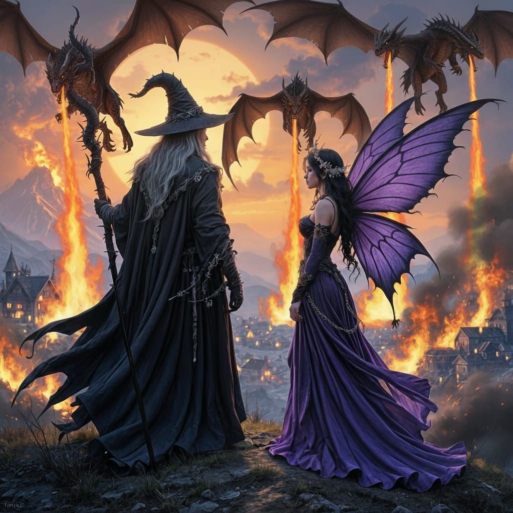Wizard and Fairy Witness Dragon Destruction in Fiery Flames