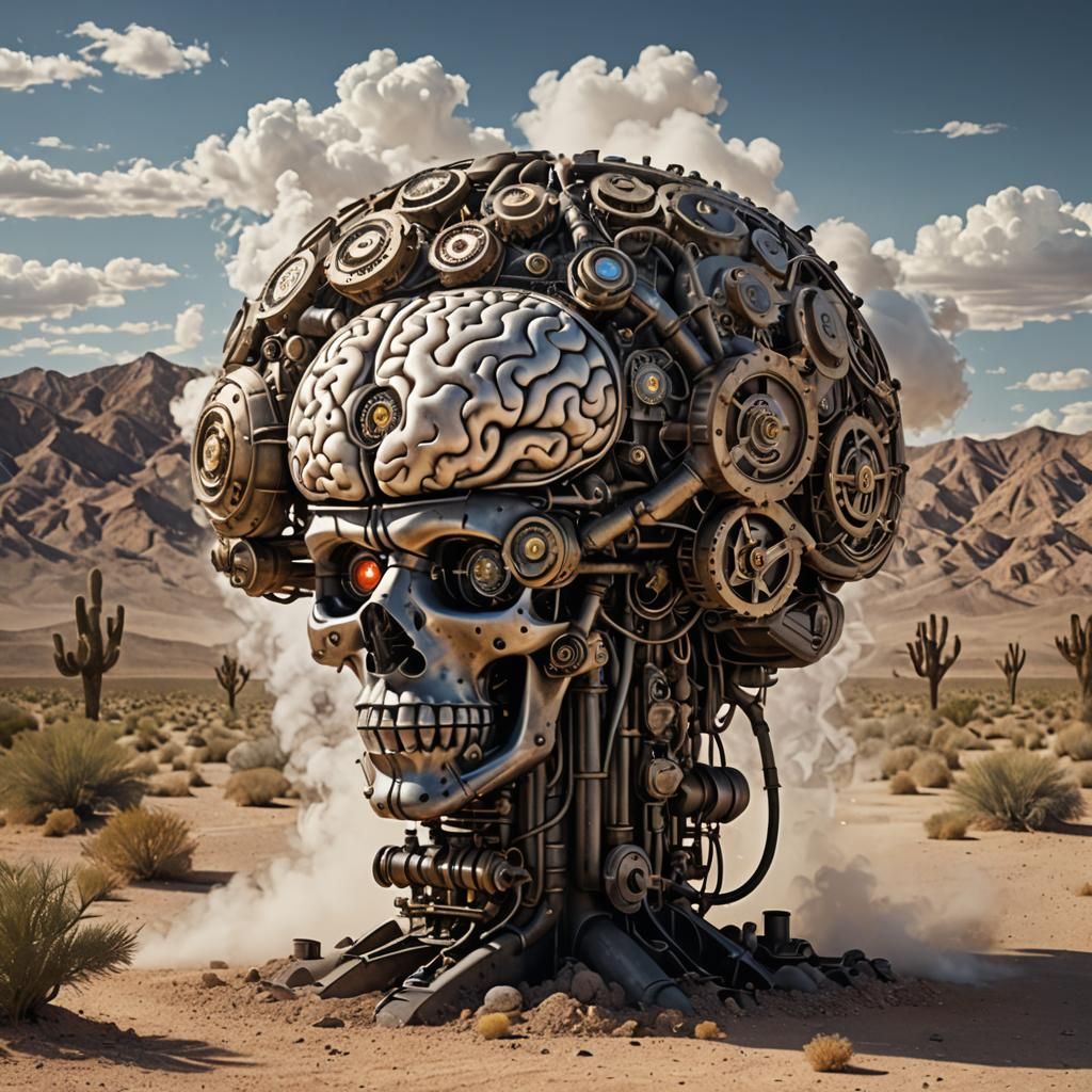 Steam-Powered Brain in Arid Desert, Photorealistic